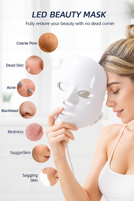 Closeโup of red, amber, and nearโinfrared LEDs illuminating skin during treatment.