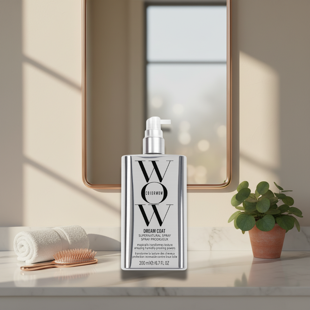 Dream Coat Hair Spray bottle showcasing smooth shine finish on glossy hair.
