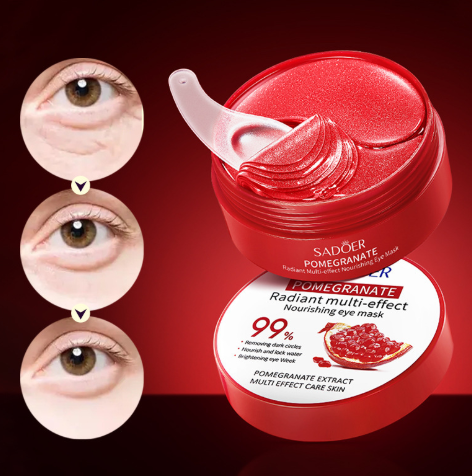 Model applying mask under right eye, showcasing symmetrical treatment for balanced results.