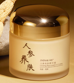 Lifestyle flatlay with cream, ginseng root, and rose petals for natural vibe.