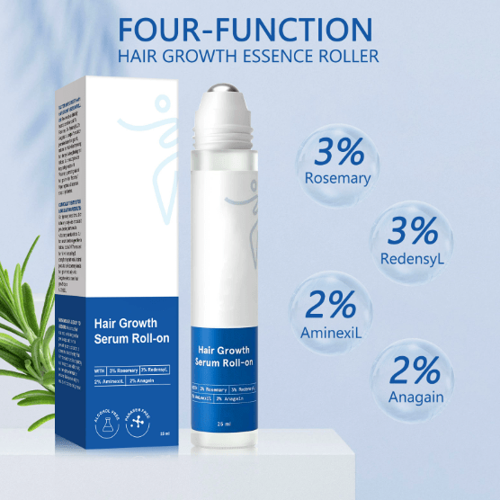 Model applying roll‑on to side of head, showing painless use.